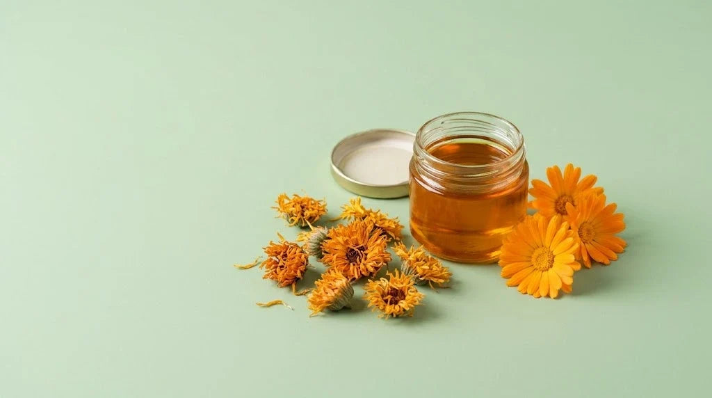 A jar of golden calendula oil with dried and fresh orange calendula flowers on a sage-green background