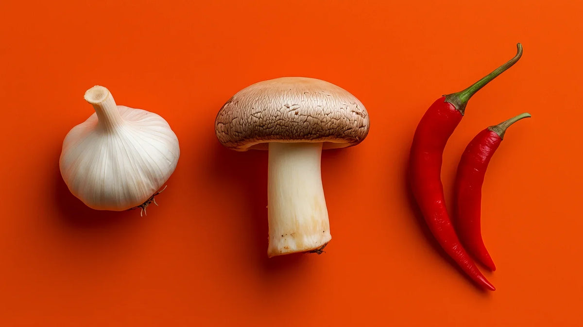 A garlic bulb, a mushroom and two red chilies in a row on an orange background
