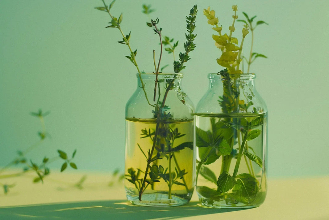 Two glass jars of oil with fresh thyme and herb sprigs on a soft green background