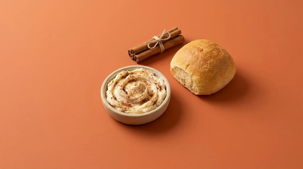 A dish of whipped cinnamon butter with cinnamon sticks and a dinner roll on a terracotta background