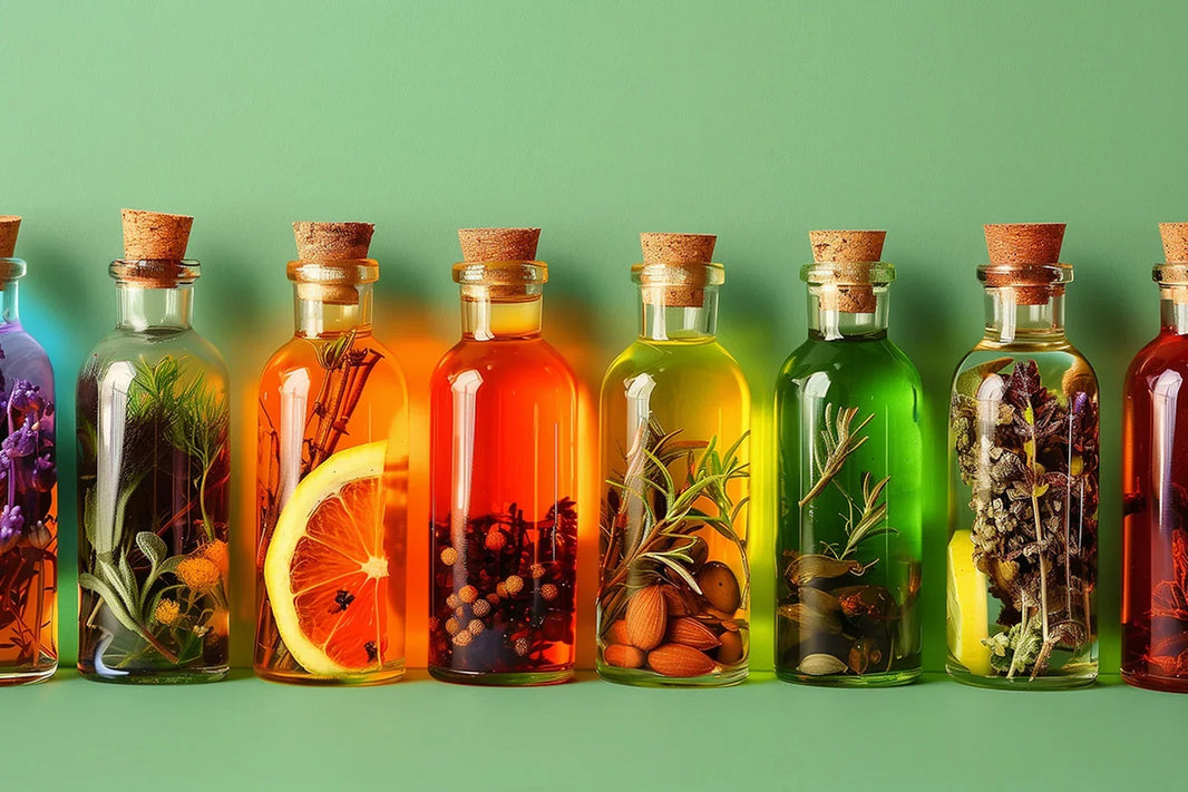 A row of corked glass bottles filled with herbs, citrus, spices and nuts in coloured oils on a green background
