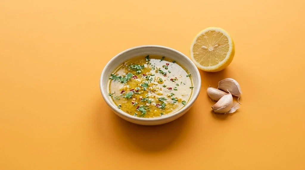 A bowl of melted cowboy butter with herbs and chili flakes, a lemon half and garlic cloves on an amber background