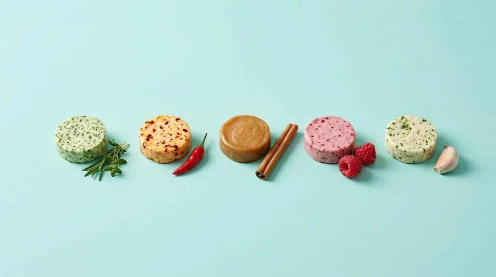 Five pats of flavoured butter, herb, chili, honey cinnamon, berry and garlic, each with its ingredient, on a pale aqua background