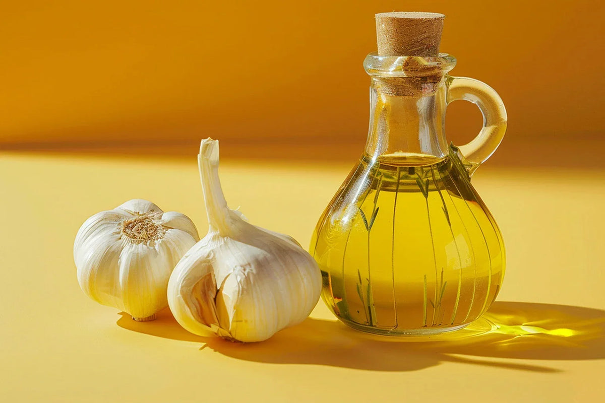 Two garlic bulbs beside a glass cruet of olive oil on a yellow background
