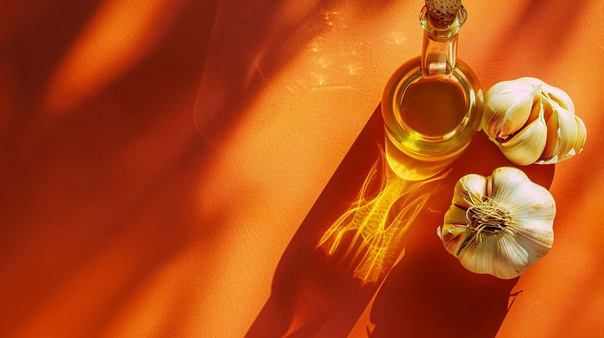 A cruet of oil and garlic bulbs in warm light on an orange background