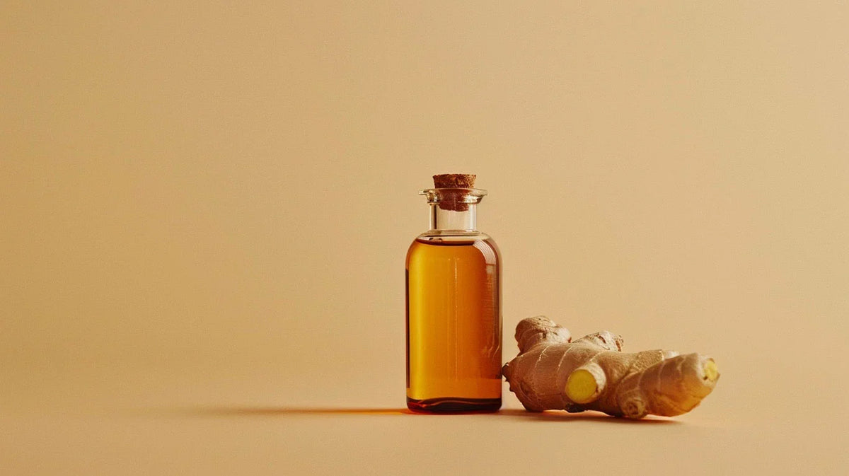 A small bottle of amber ginger syrup next to a piece of fresh ginger on a beige background