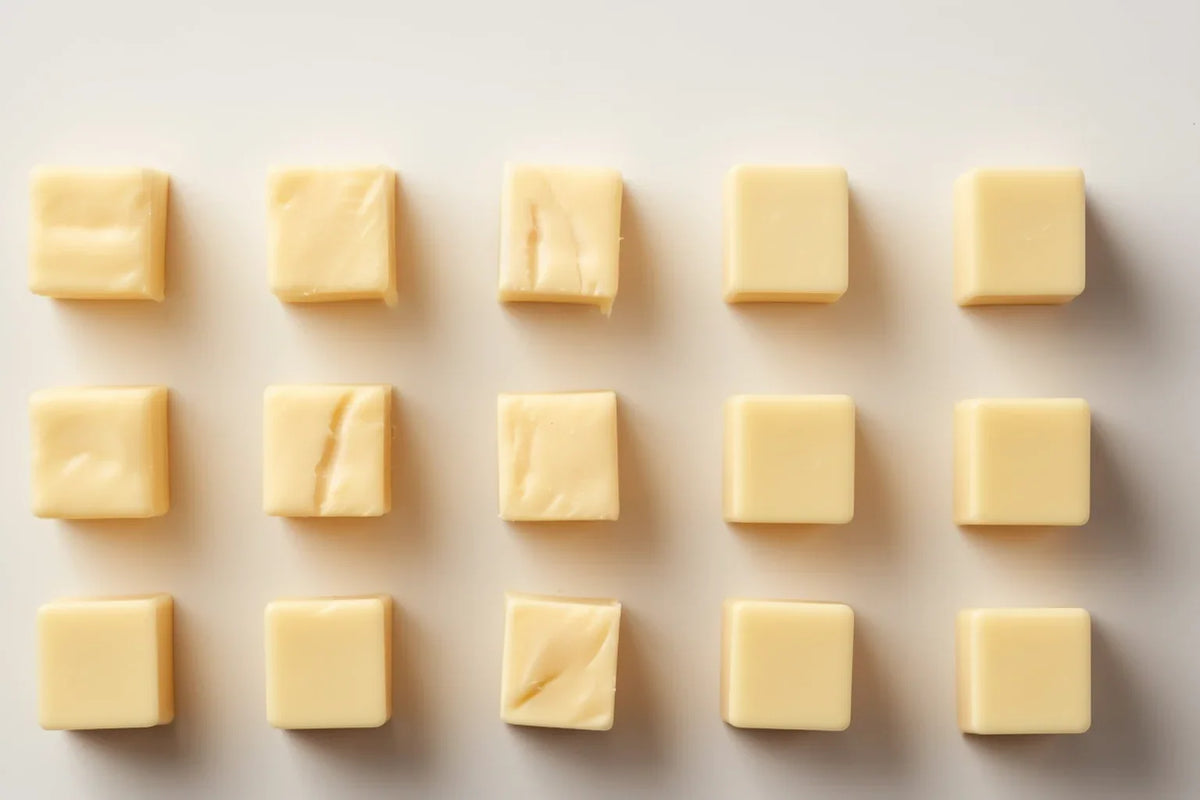 Fifteen cubes of butter in a neat grid on a light grey background