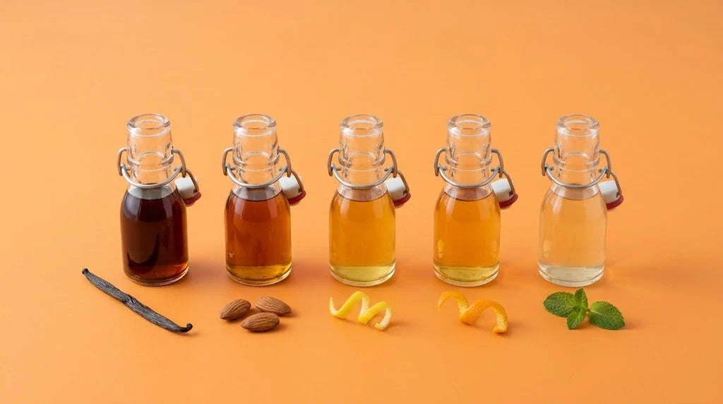 Five swing-top bottles of homemade extracts with vanilla, almonds, lemon peel, orange peel and mint on an orange background
