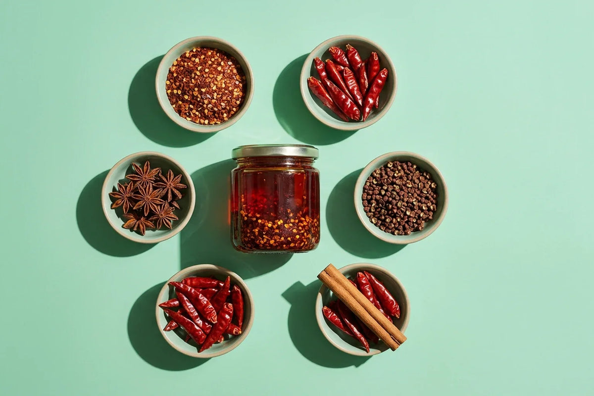 A jar of red chili oil surrounded by bowls of chili flakes, dried chilies, star anise, Sichuan peppercorns and cinnamon on a mint background