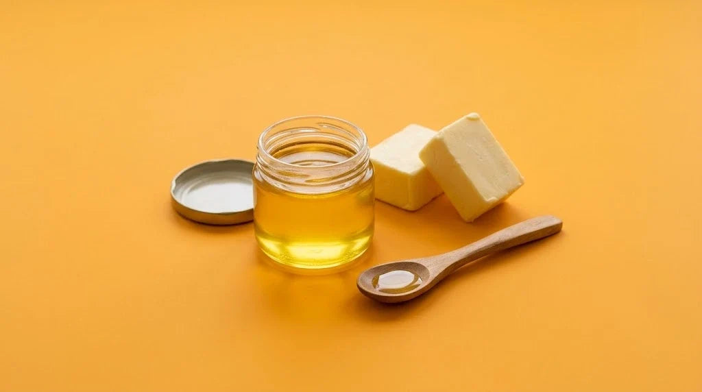 A jar of golden ghee, a wooden spoon of ghee and two blocks of butter on a saffron background