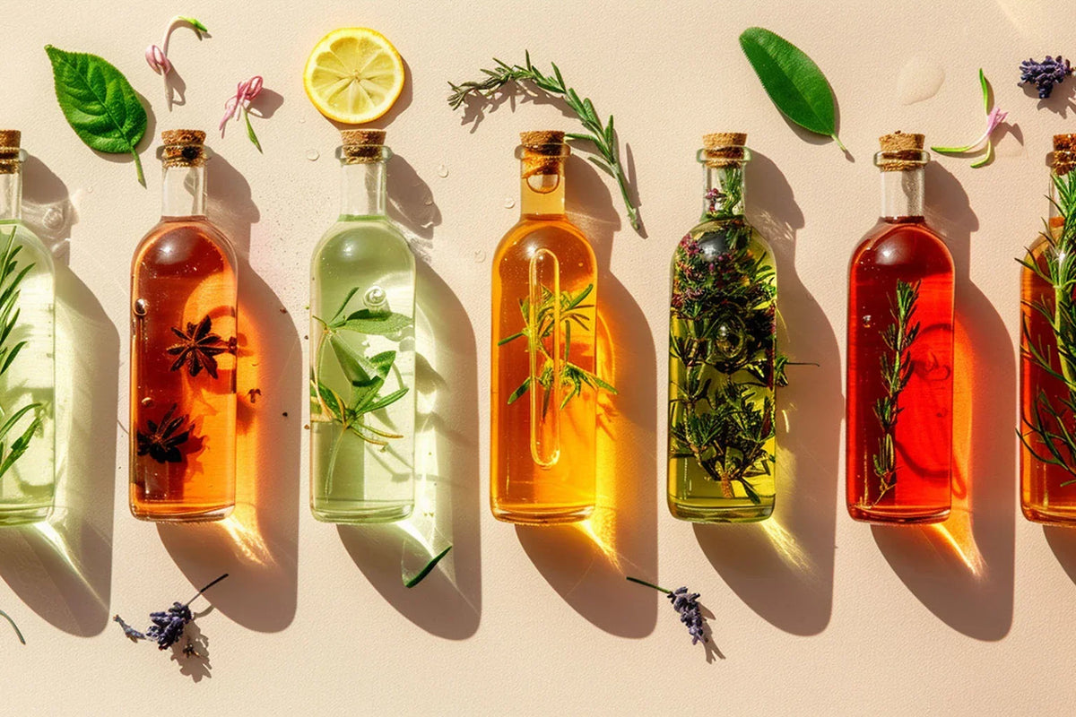 A row of corked glass bottles of herb-infused oils in amber, green and red, with rosemary, basil, lavender and lemon on a cream background