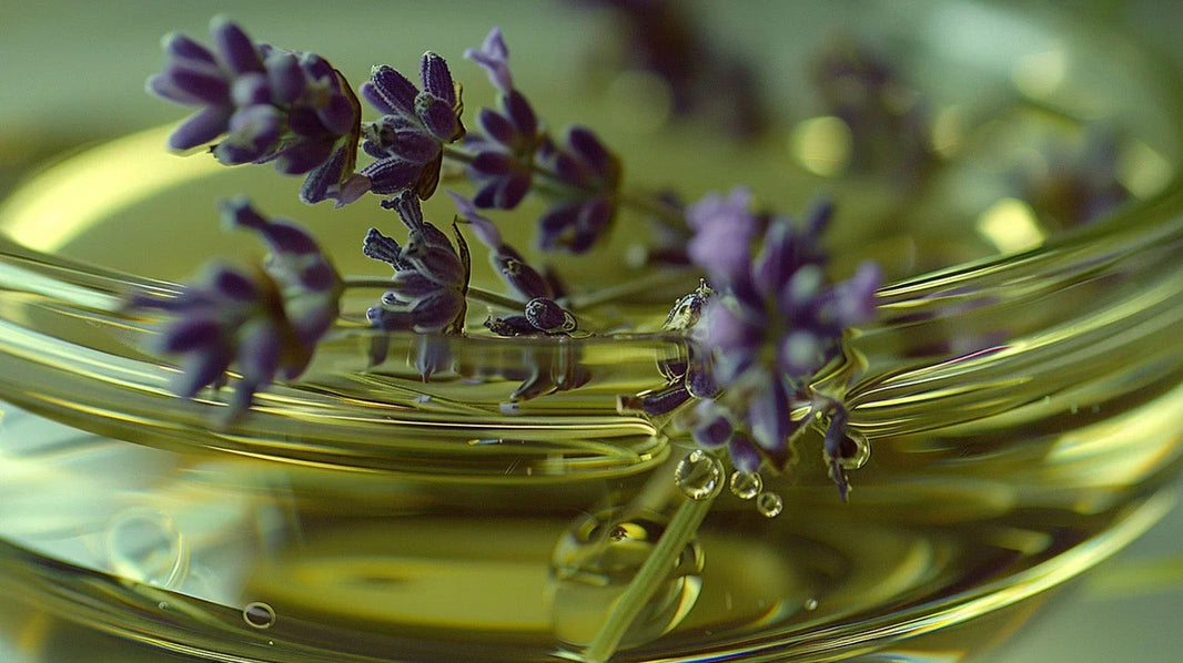 Dried lavender sprigs resting in a glass bowl of oil