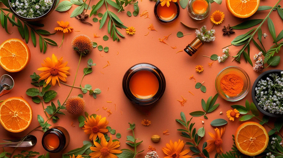 Orange slices, marigold flowers and small jars of amber extract on an orange background
