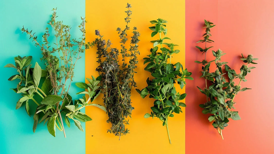 Bunches of fresh herbs on a three-colour background
