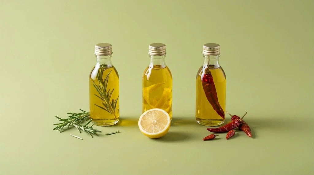 Three small bottles of olive oil infused with rosemary, lemon peel and red chili, with a lemon half on an olive-green background