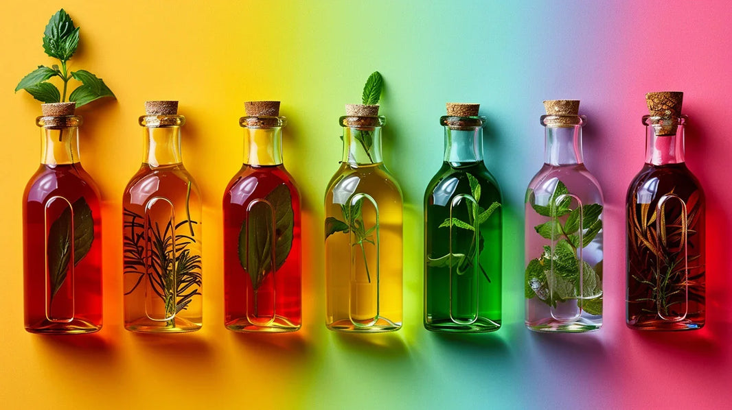 A rainbow row of corked bottles of herb-infused oils