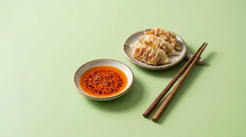 A dish of rayu chili oil with sesame seeds, gyoza and chopsticks on a pale green background