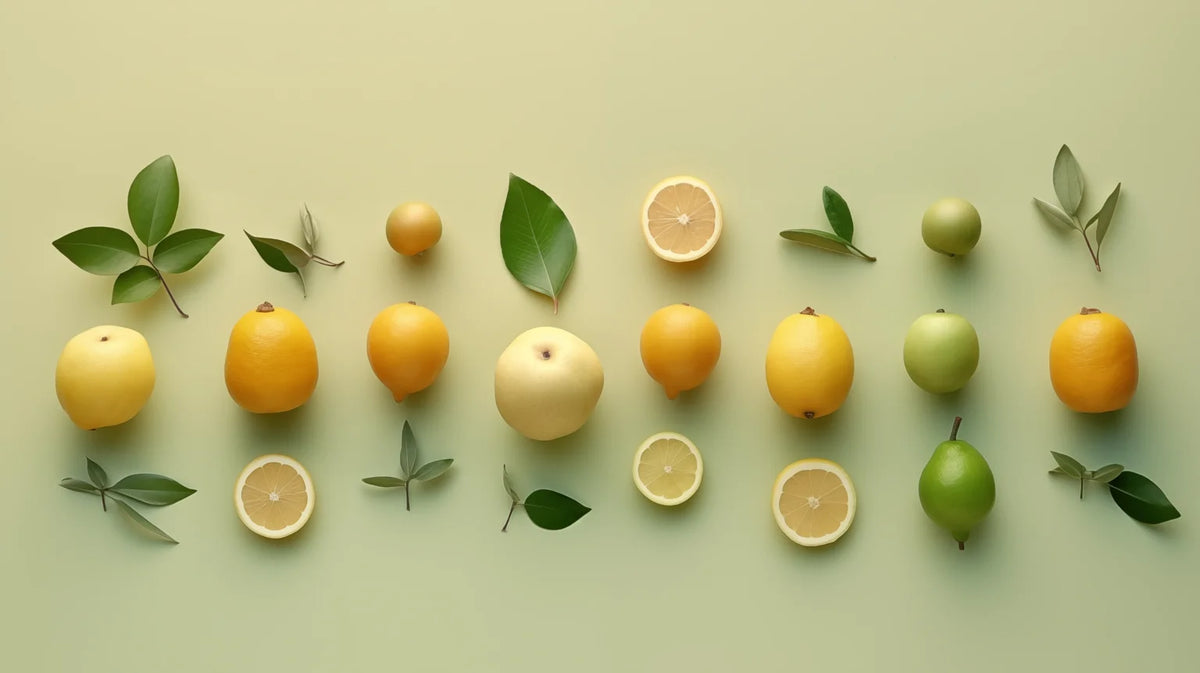 Lemons, limes and leaves laid out in neat rows on a pale green background
