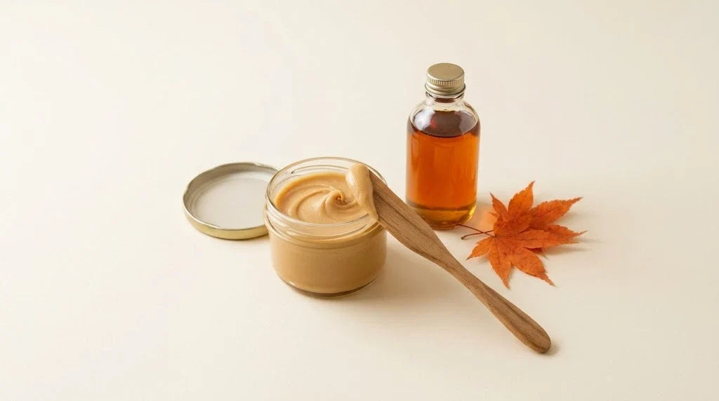 A jar of creamy maple butter with a wooden spreader, a bottle of maple syrup and maple leaves on a cream background