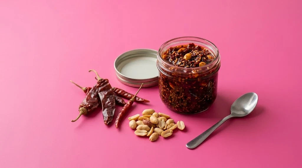 A jar of chunky salsa macha with dried chilies, peanuts and a spoon on a fuchsia background