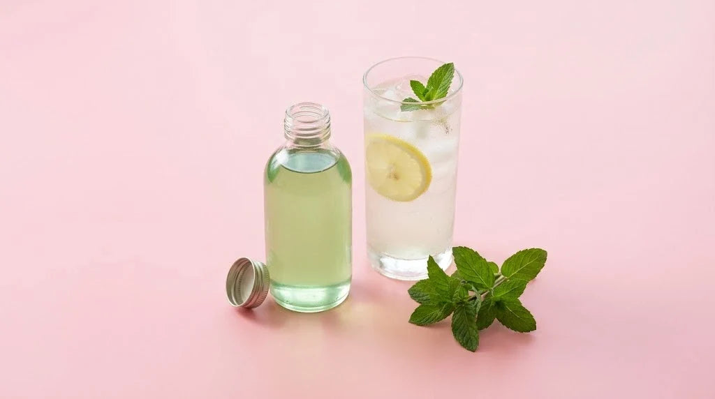 A bottle of pale green mint syrup, a glass of iced lemonade and fresh mint on a pink background