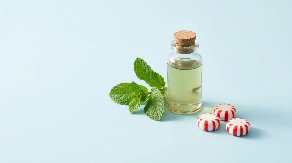 A corked bottle of peppermint extract with fresh mint and peppermint candies on an icy blue background