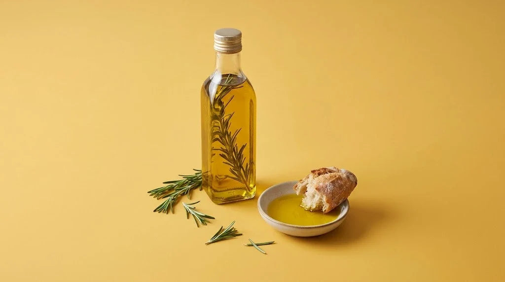 A bottle of olive oil with a rosemary sprig, a dipping bowl of oil with bread and loose rosemary on a mustard-yellow background