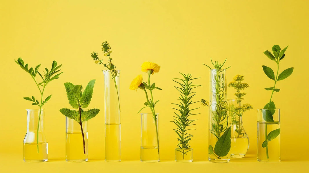 Fresh herb sprigs in glass vials and small bottles on a yellow background