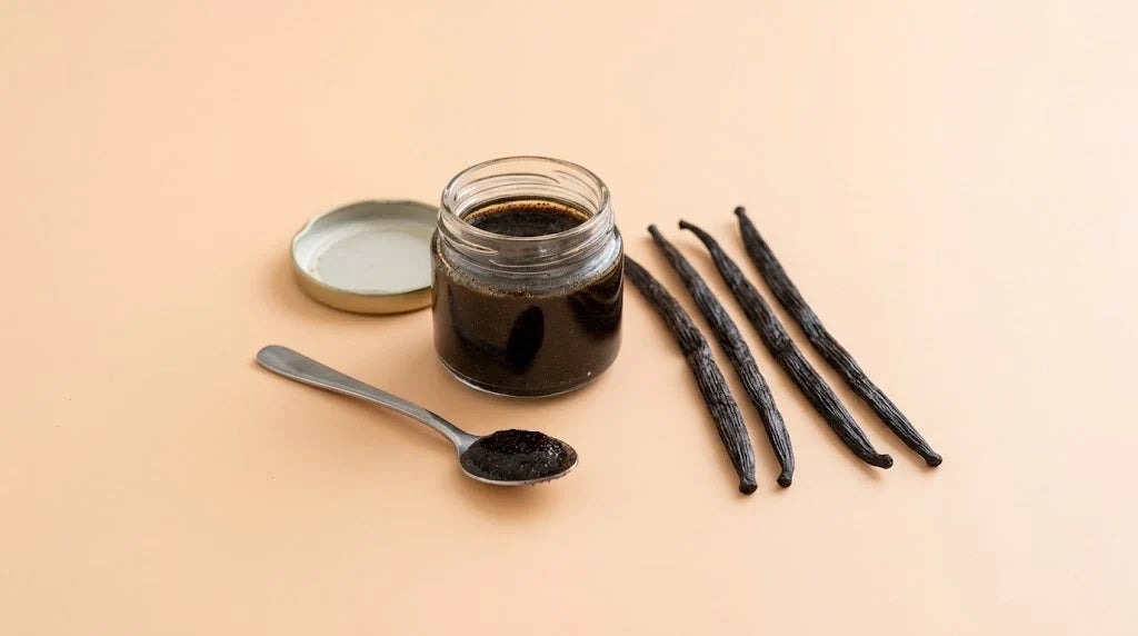 An open jar of dark vanilla bean paste, a teaspoon of paste and four vanilla pods on a pale peach background